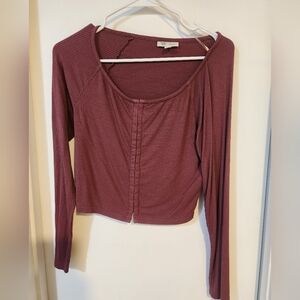 Jenni Dusty Mauve Ribbed Scoop-Neck Long Sleeve Crop Top